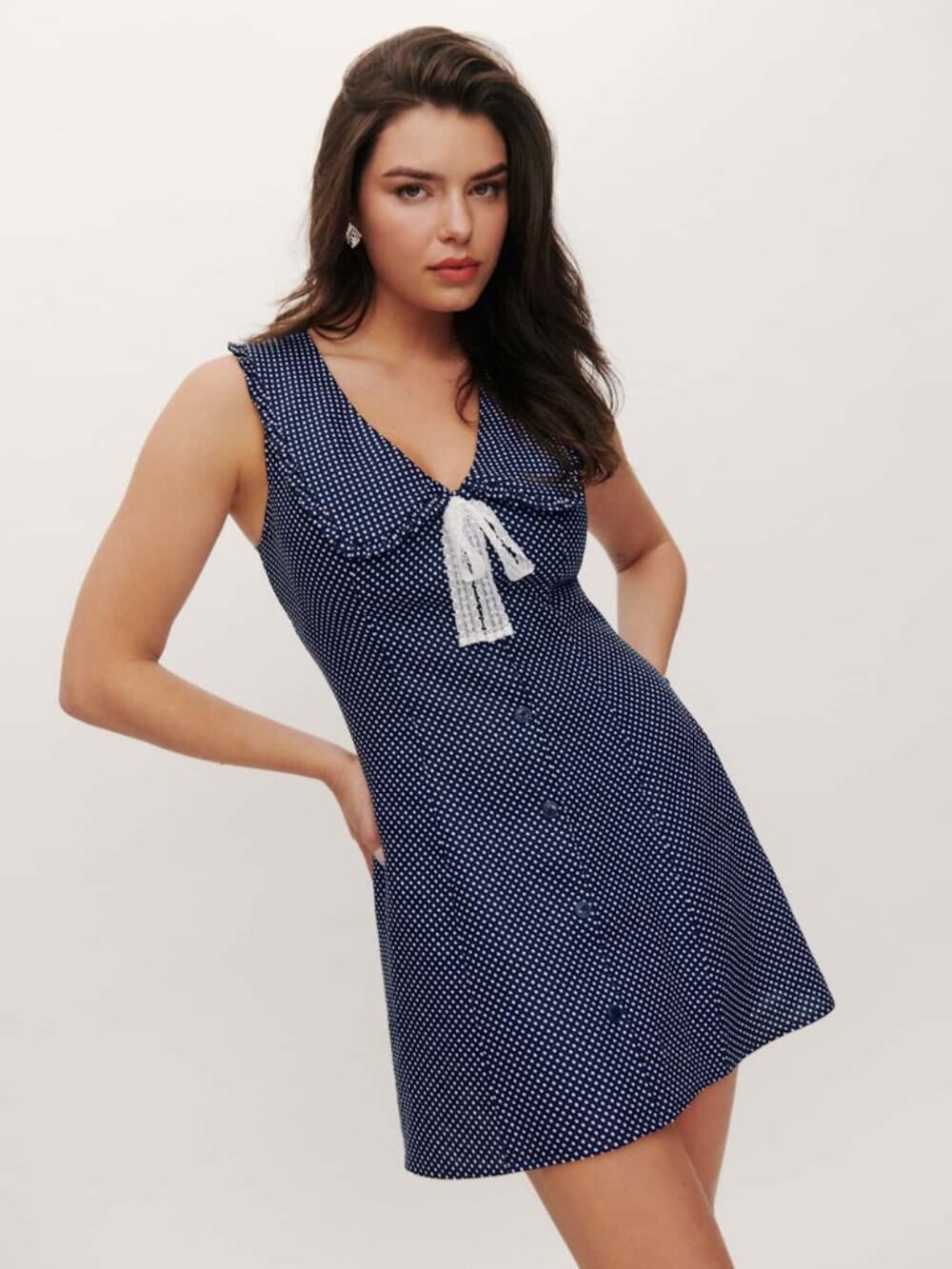 Reformation Soraya Linen Dress Raindrops (Navy Polka Dot) | Size 2